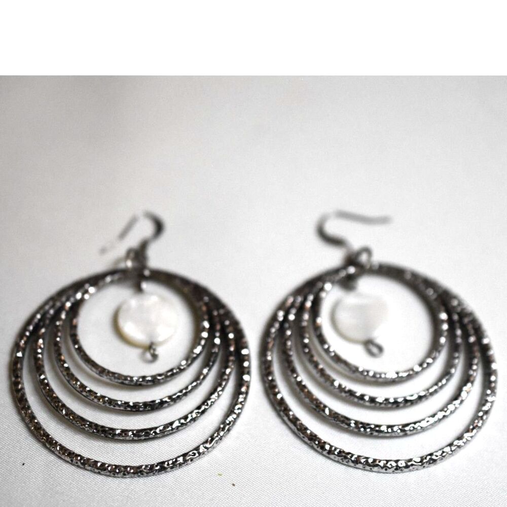 Elegant Concentric Hammered SilverTone Hoop Mother Of Pearl Center 2.5" Earrings